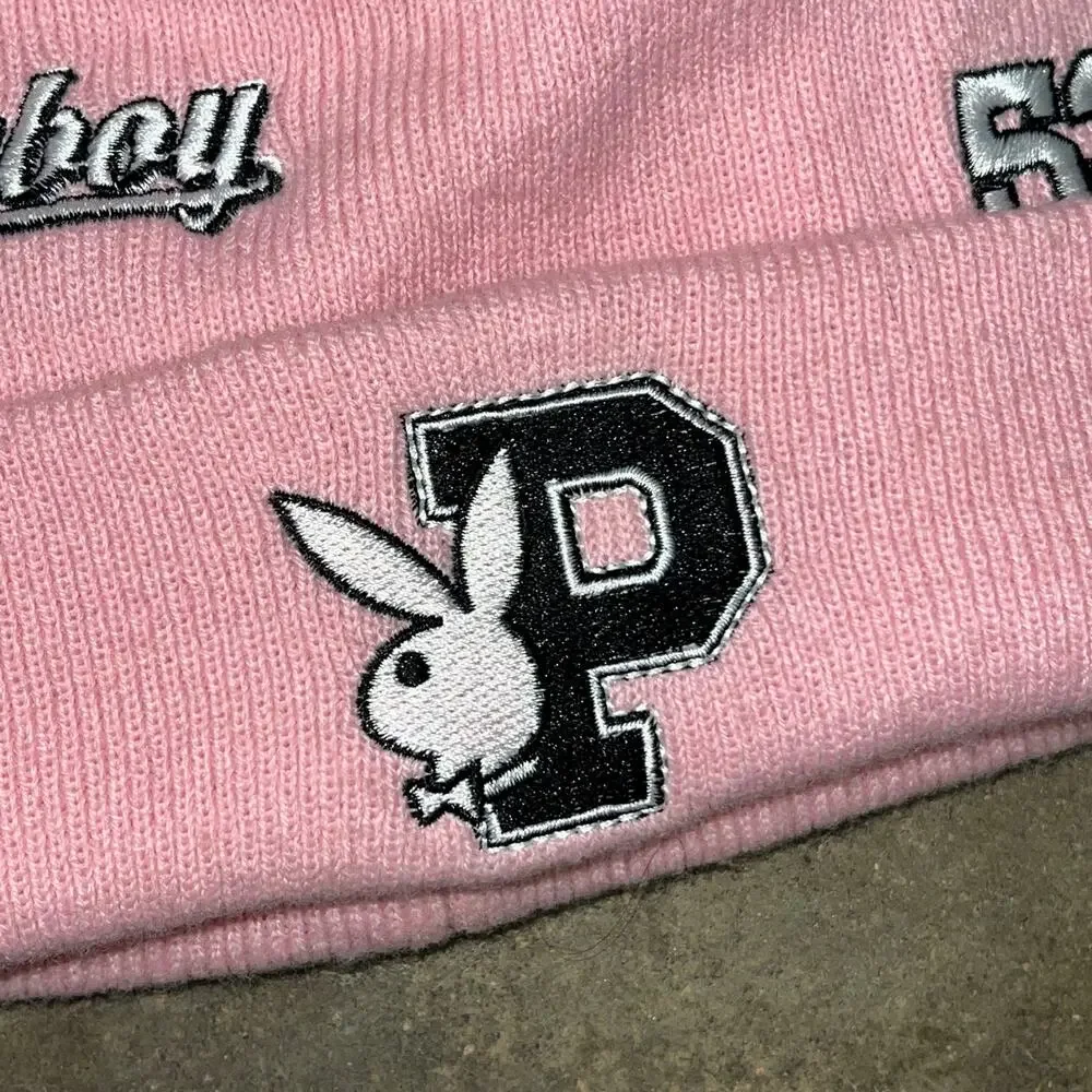 Playboy Pink Cuffed Beanie Bunny Logo Embroidered Varsity Winter Hat OS